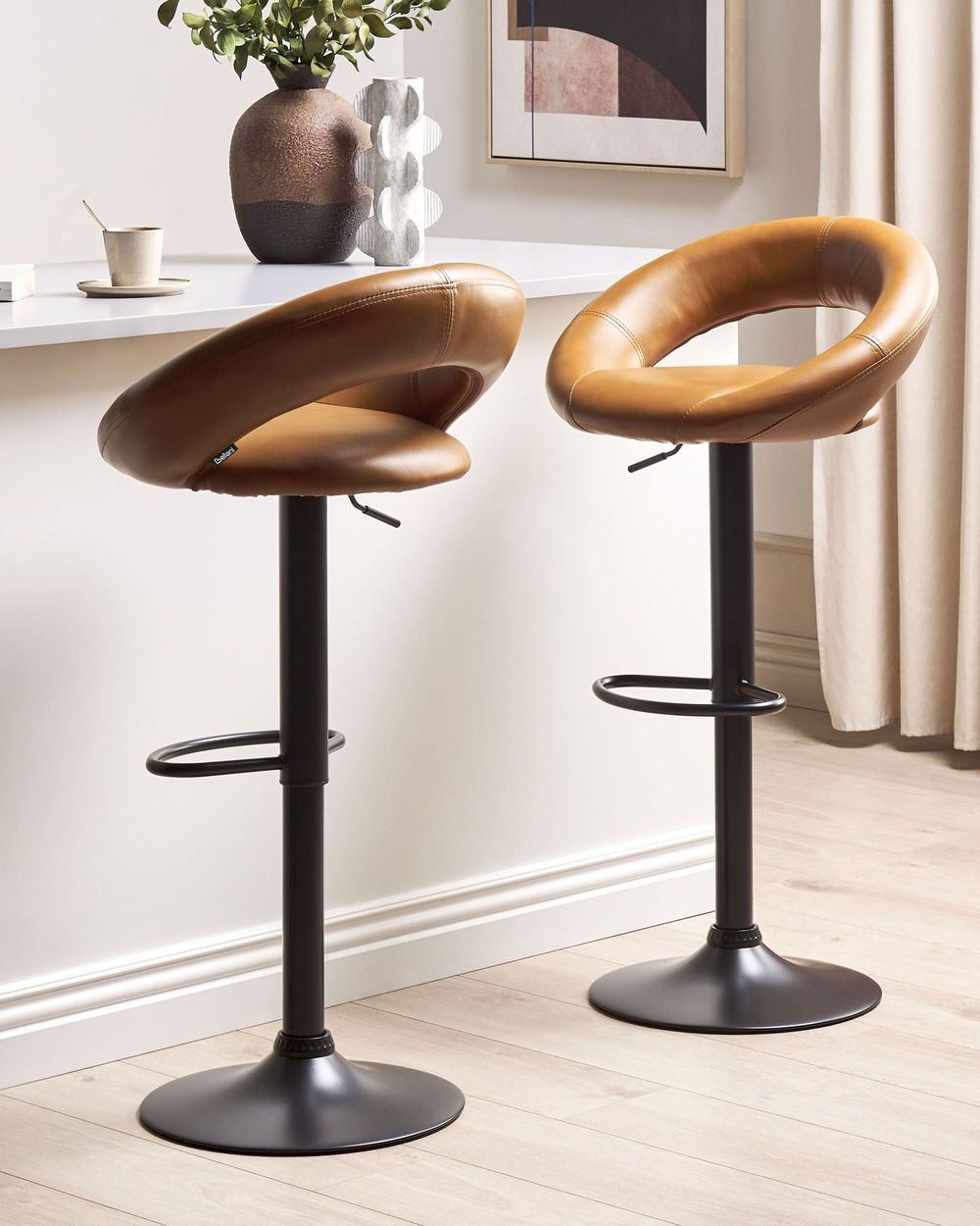 Set of 2 Bar Chairs PEORIA Swivel Faux Leather Golden Brown