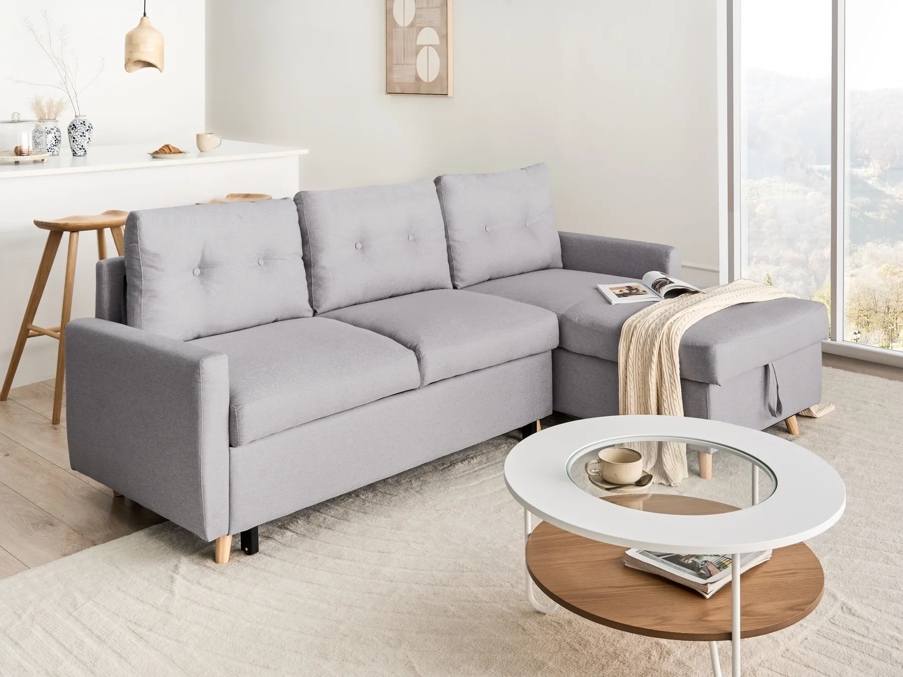 Corner Sofa Bed 4 Seater FLAKK with Storage Fabric Light Grey Left Hand_745716