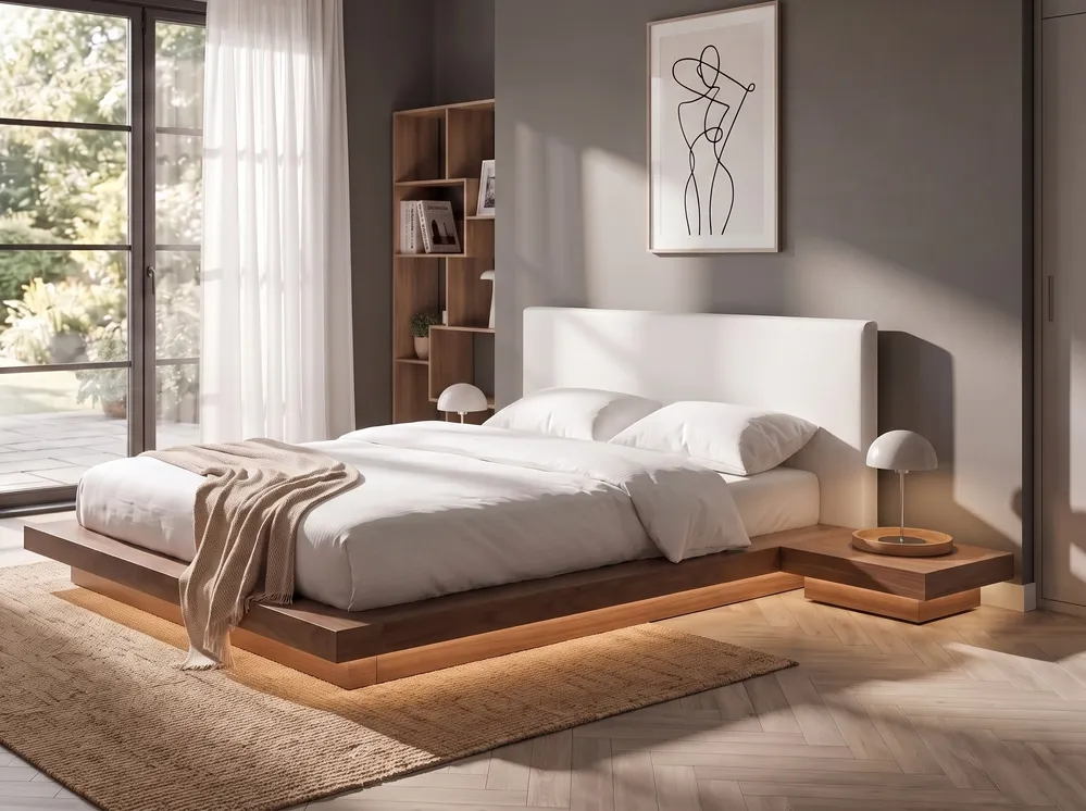 Bed with LED ZEN 160 x 200 cm (EU King Size) Brown Ash Wood