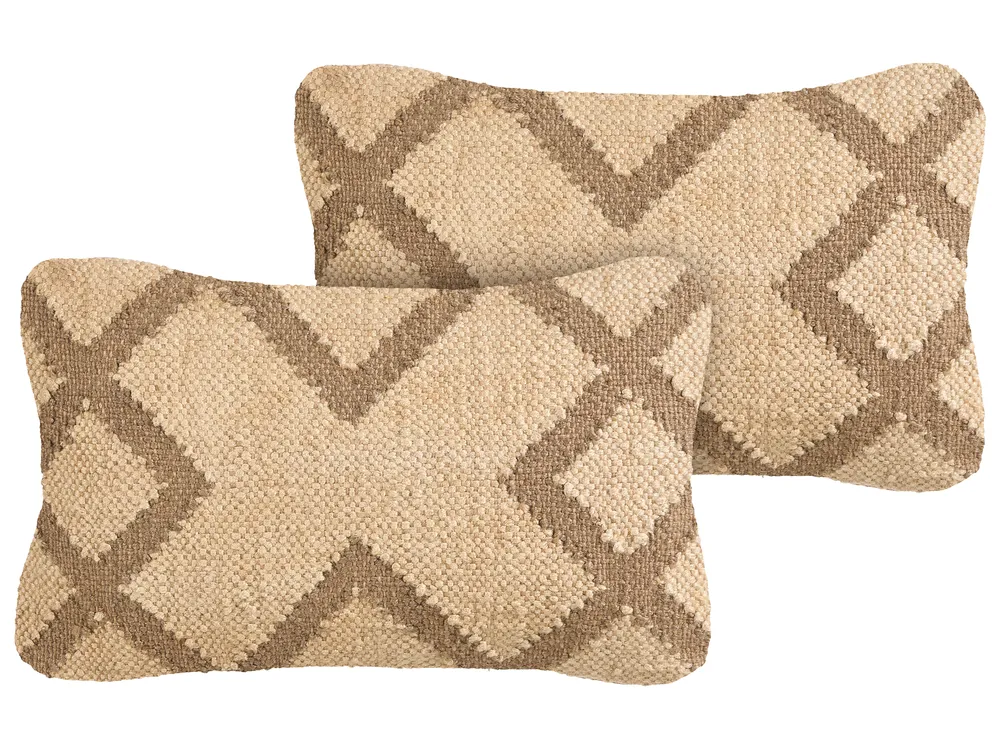 Set of 2 Decorative Cushions GOPI 30 x 50 cm Jute Beige Geometric Pattern