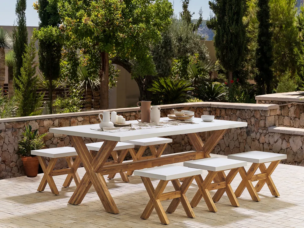 Garden Dining Set with Stools 6 Seater OLBIA Concrete White