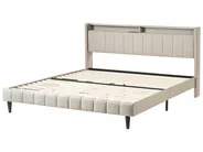 Säng med LED-belysning BEAULIEU Beige 180 x 200 cm med förvaring med USB-port_993562