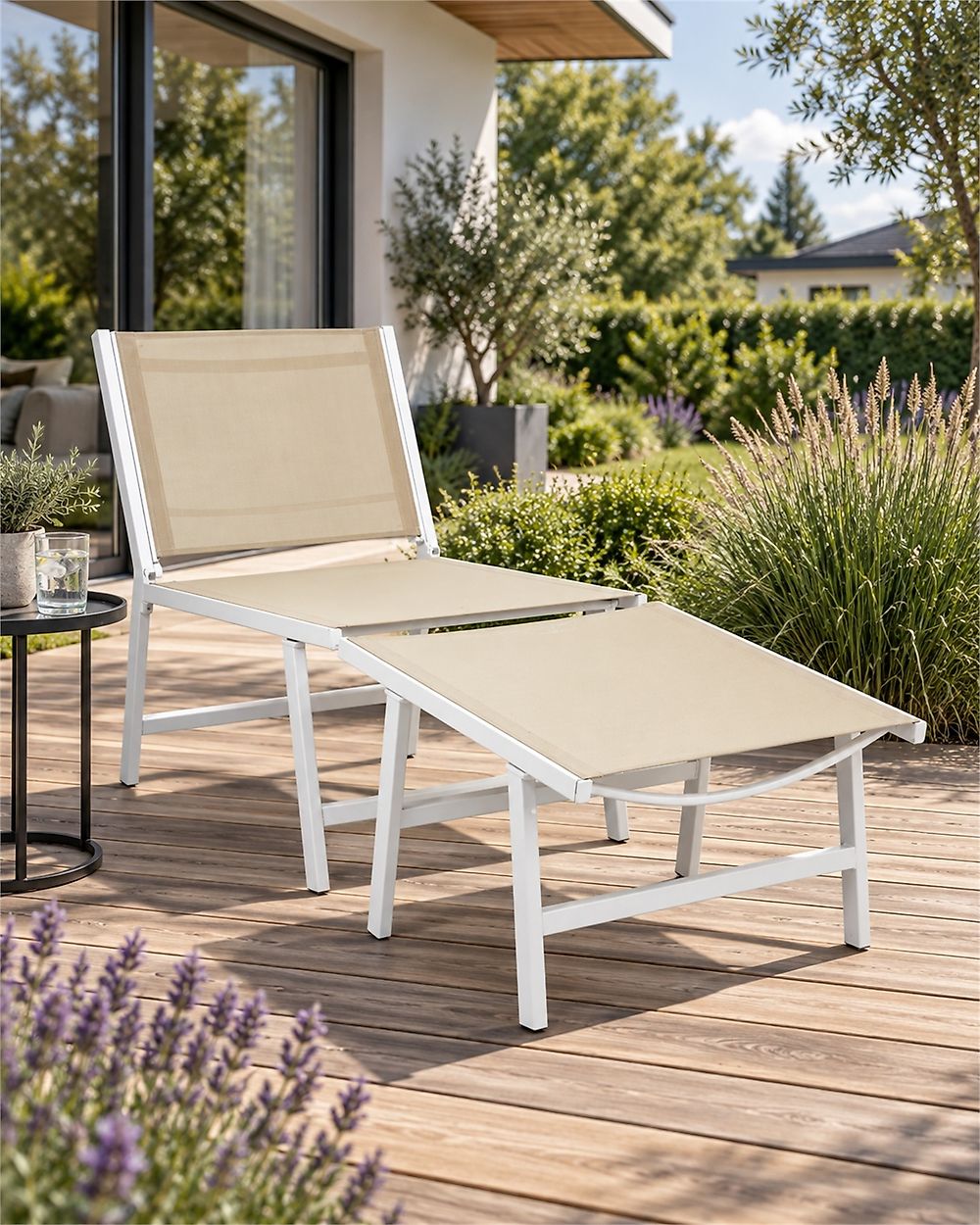 Garden Chair MARCEDDI with Footstool Metal White/ Beige