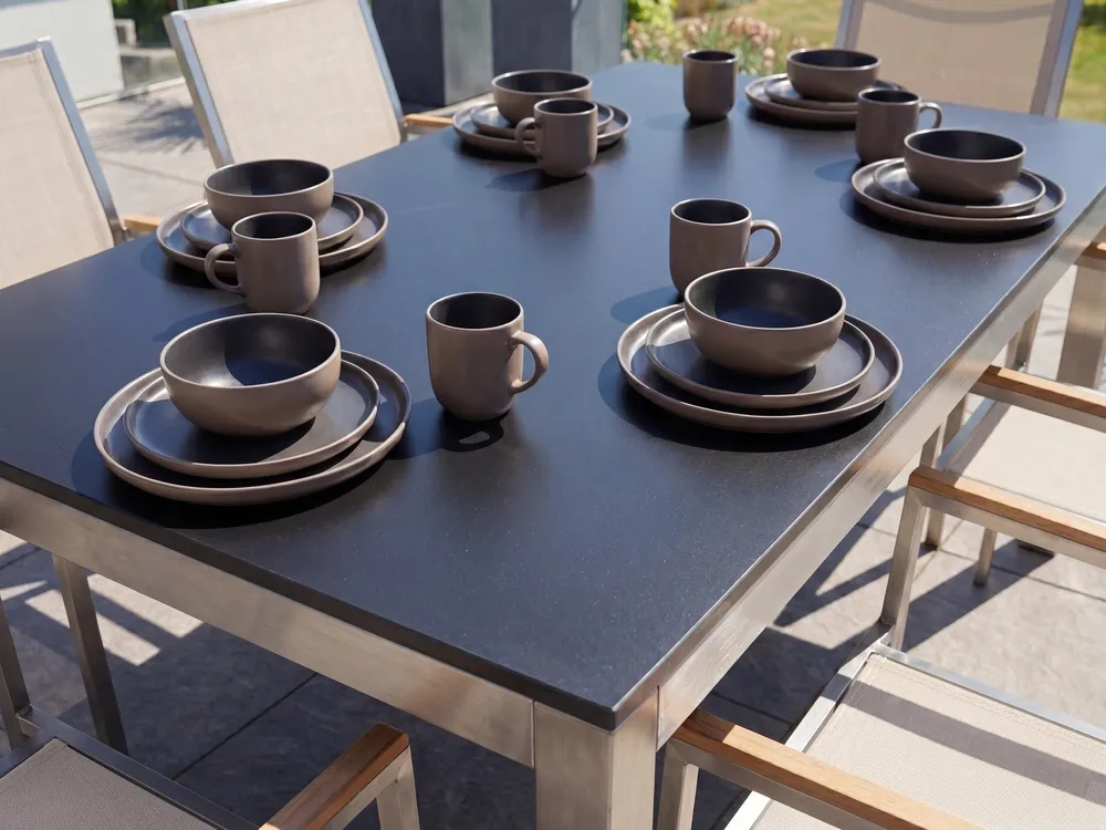 Trädgårdsmatgrupp 6-sits GROSSETO Härdat glas Svart/ Beige_1105767