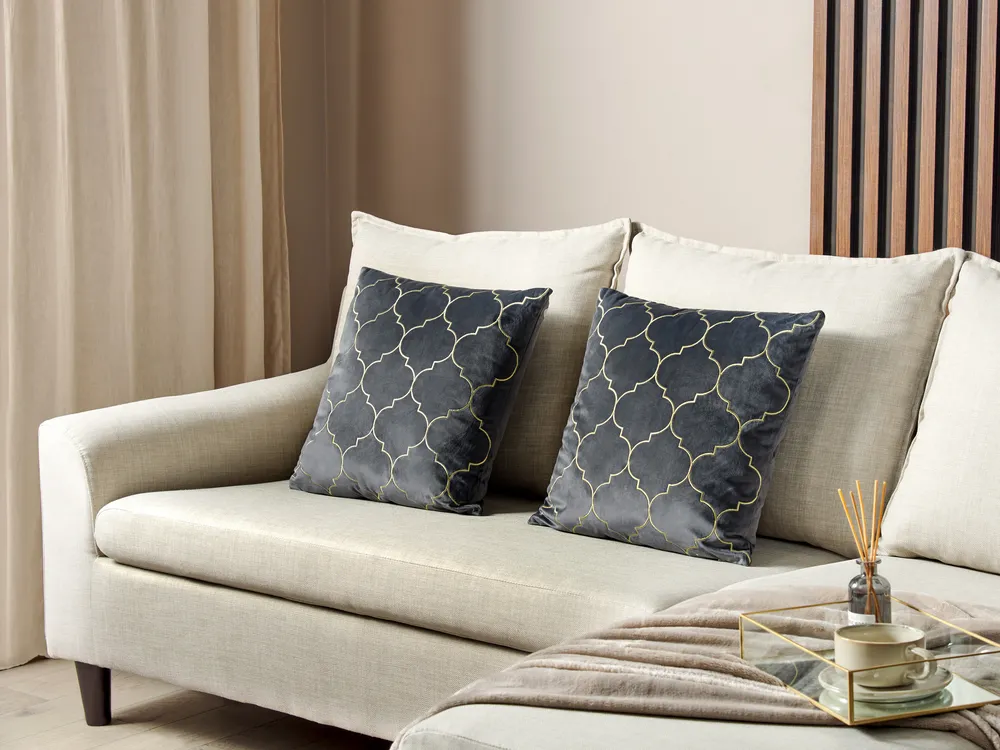 Set of 2 Decorative Cushions ALYSSUM 45 x 45 cm Velvet Grey Trellis Pattern
