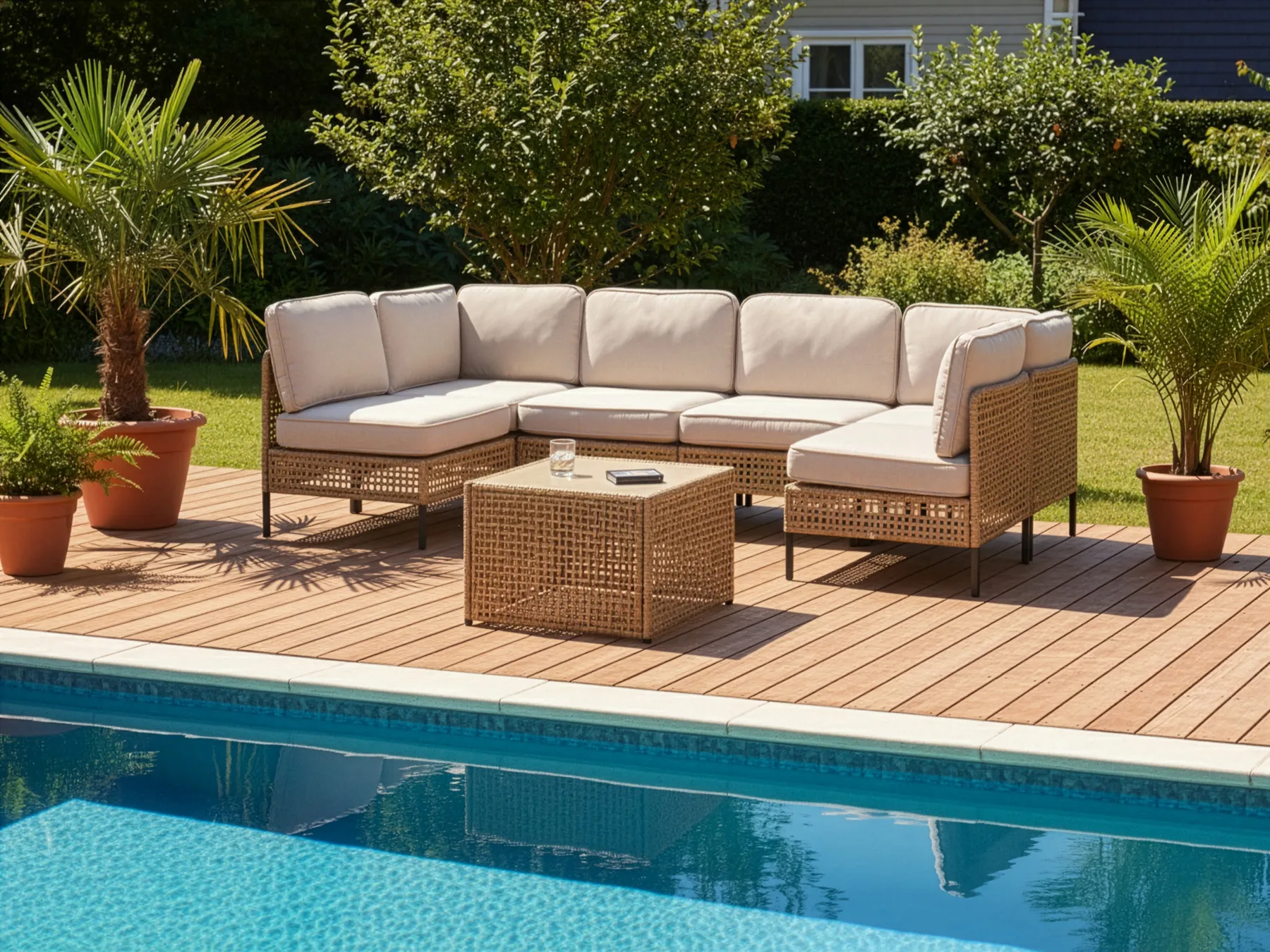 U-Shape Garden Sofa 6 Seater OMEGANA Modular PE Rattan Light Beige_1040516