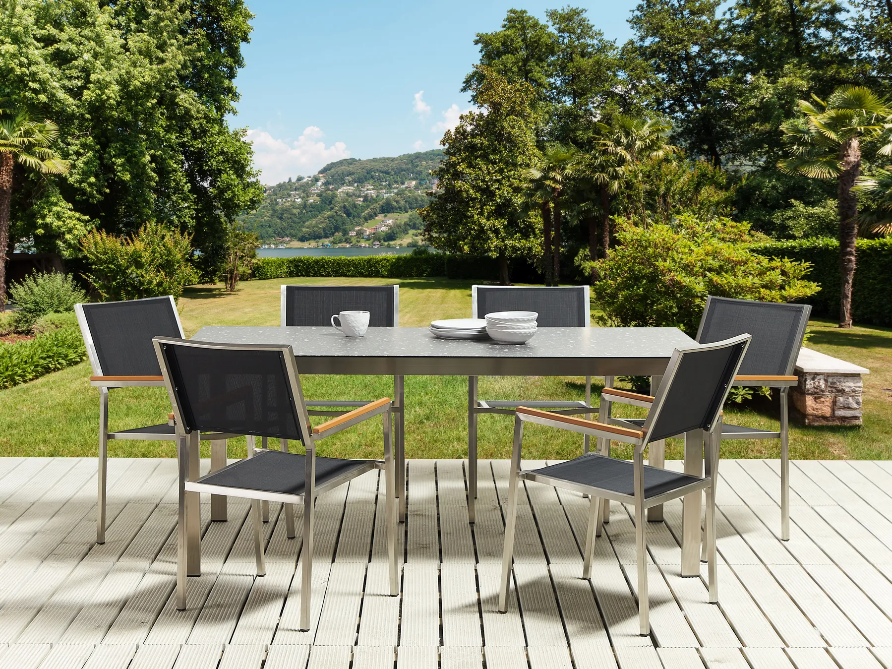 Garden Dining Set 6 Seater COSOLETO/GROSSETO Tempered Glass Granite Effect Black_881573