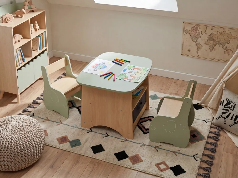 Kids Table with Chairs LUCAS Light Brown/ Green_1088042
