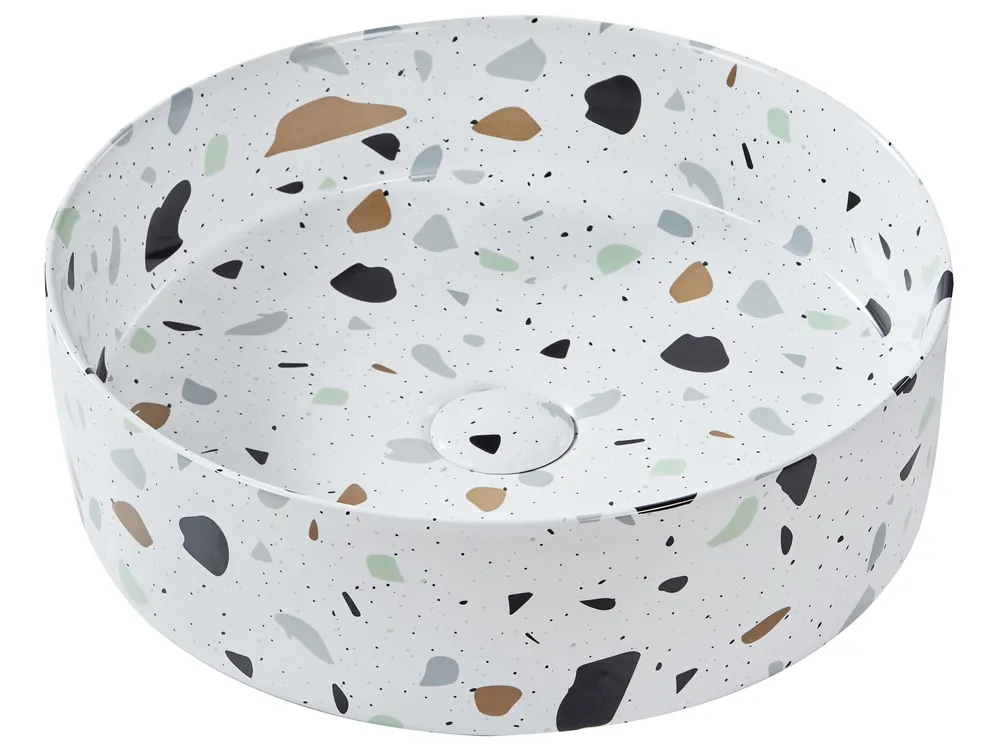 Countertop Basin NULES ⌀ 400 mm Ceramic Terrazzo Effect White Terrazzo