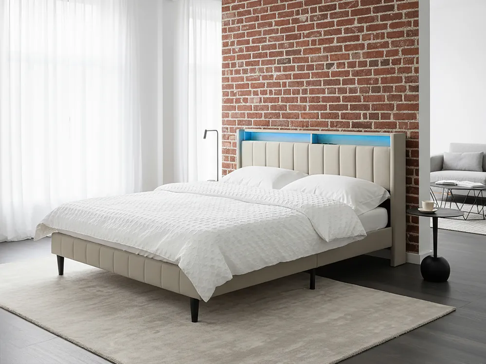 Bed with LED BEAULIEU Fabric Beige 160 x 200 cm (EU King Size) with USB Port with Storage