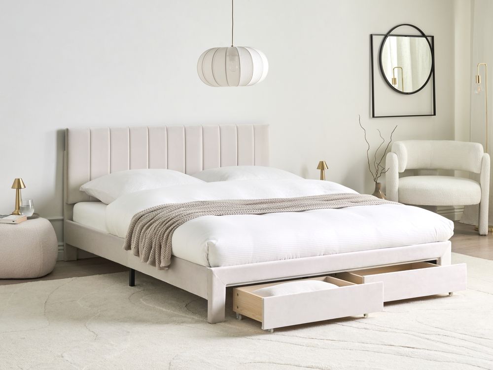 Säng med förvaringslådor LONZAC Sammet Off-White 160 x 200 cm