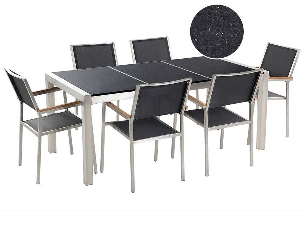 Garden Dining Set 6 Seater GROSSETO Triple Plate Granite Polished Black