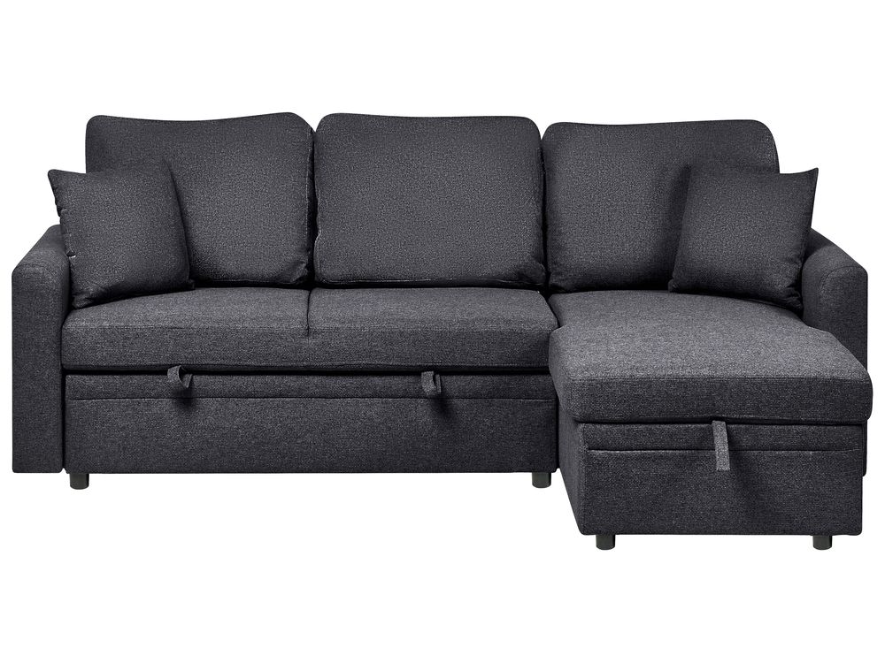 Corner Sofa Bed 3 Seater NASSJO Faux Linen Black Left Hand