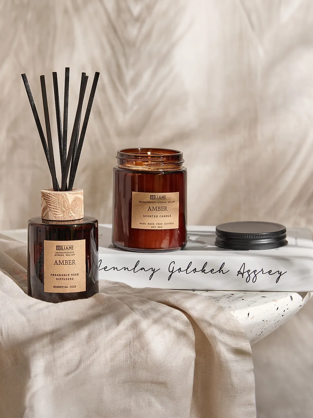 Scented Candle with Fragrance Reed Diffuser DARK ELEGANCE 9 cm Brown_1187643