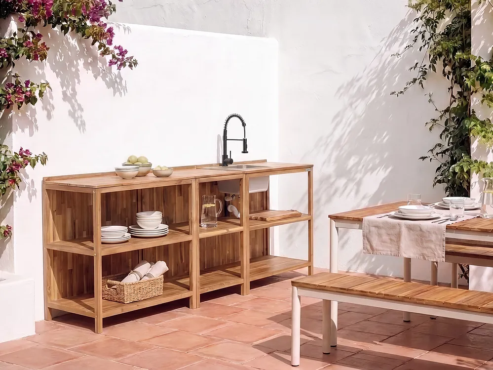 3 Piece Outdoor Kitchen Set with Sink VENOSA Brown/ Black Acacia Wood_1155565