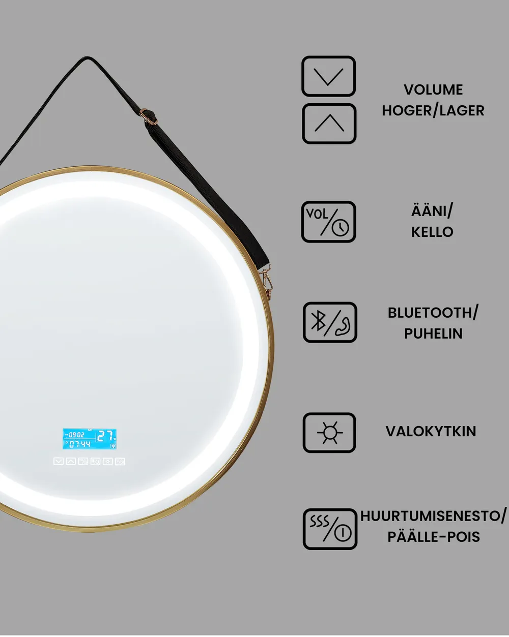 Kylpyhuoneen LED-peili DAROIS 60 cm 60 cm Bluetooth-kaiuttimella Kulta_940504