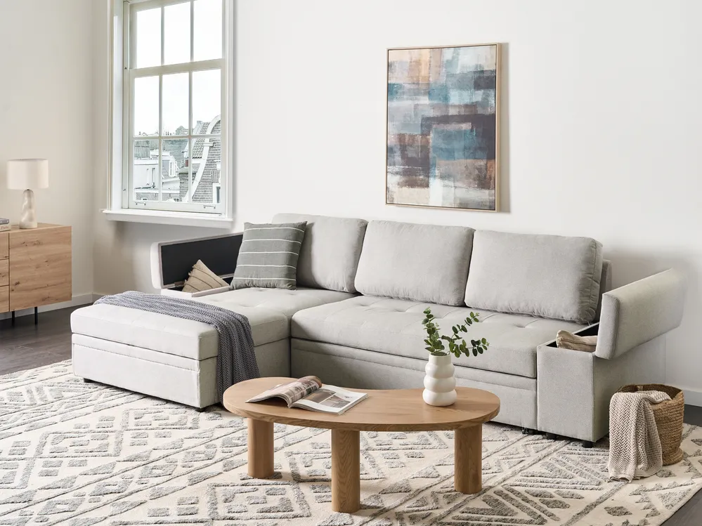 Corner Sofa Bed 3 Seater HRISEY with Storage Faux Linen Light Grey Right Hand