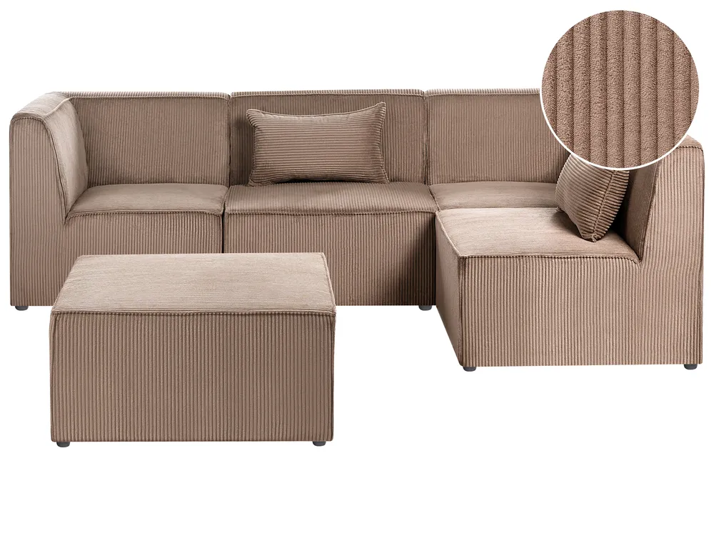 Modular Corner Sofa 4 Seater LEMVIG with Ottoman Corduroy Dark Beige Left Hand