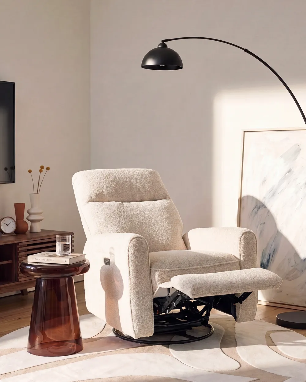 Rocking Electric Recliner Chair FOBOS Swivel Boucle Light Beige