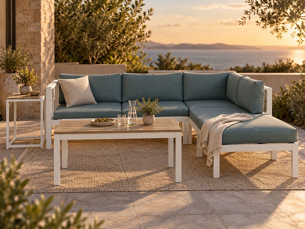 Garden Corner Sofa with Table 5 Seater MESSINA Metal Green Left Hand