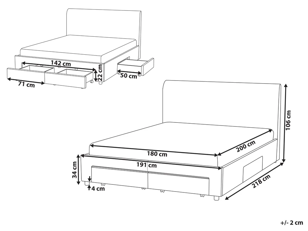 Bed with Storage Drawers SOUTRIN Fabric Beige 180 x 200 cm (EU Super King)_993442