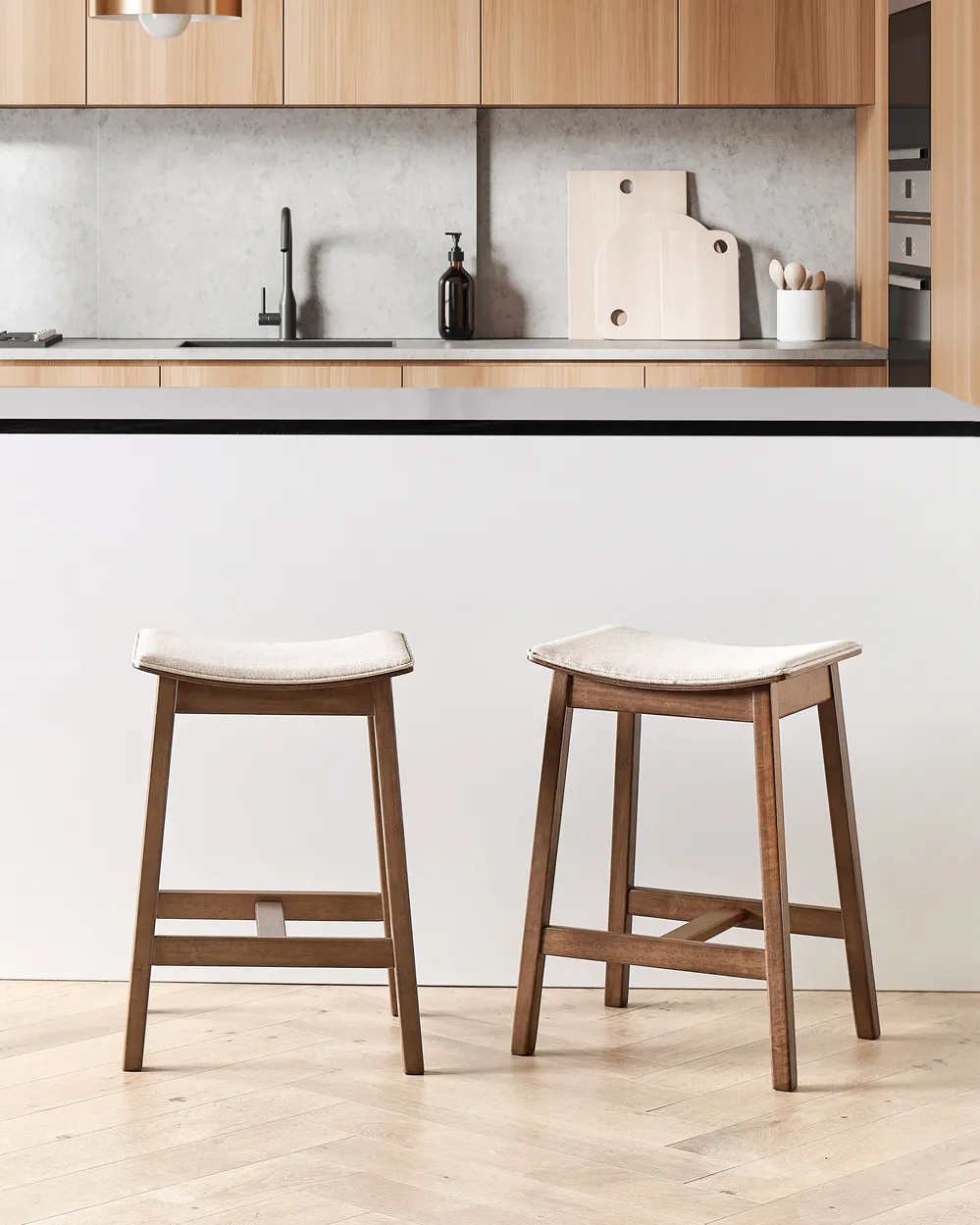Set of 2 Bar Stools DIXON Wood Dark Brown/ Beige