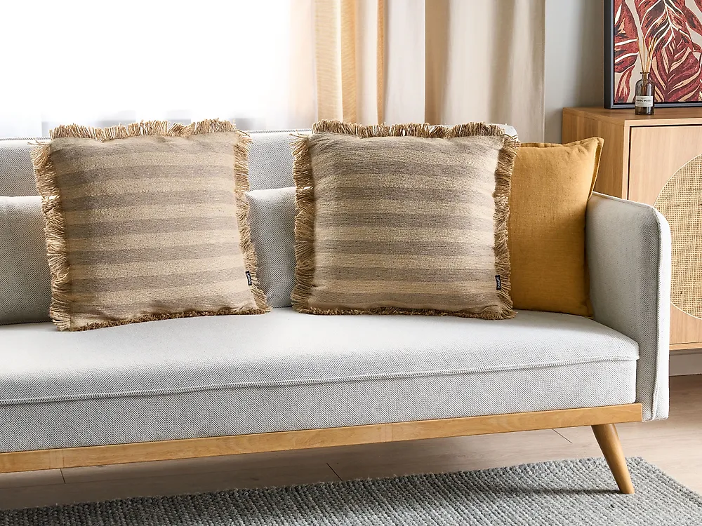 Set med 2 prydnadskuddar CIRSIUM 45 x 45 cm Jute Beige Randigt_1178750