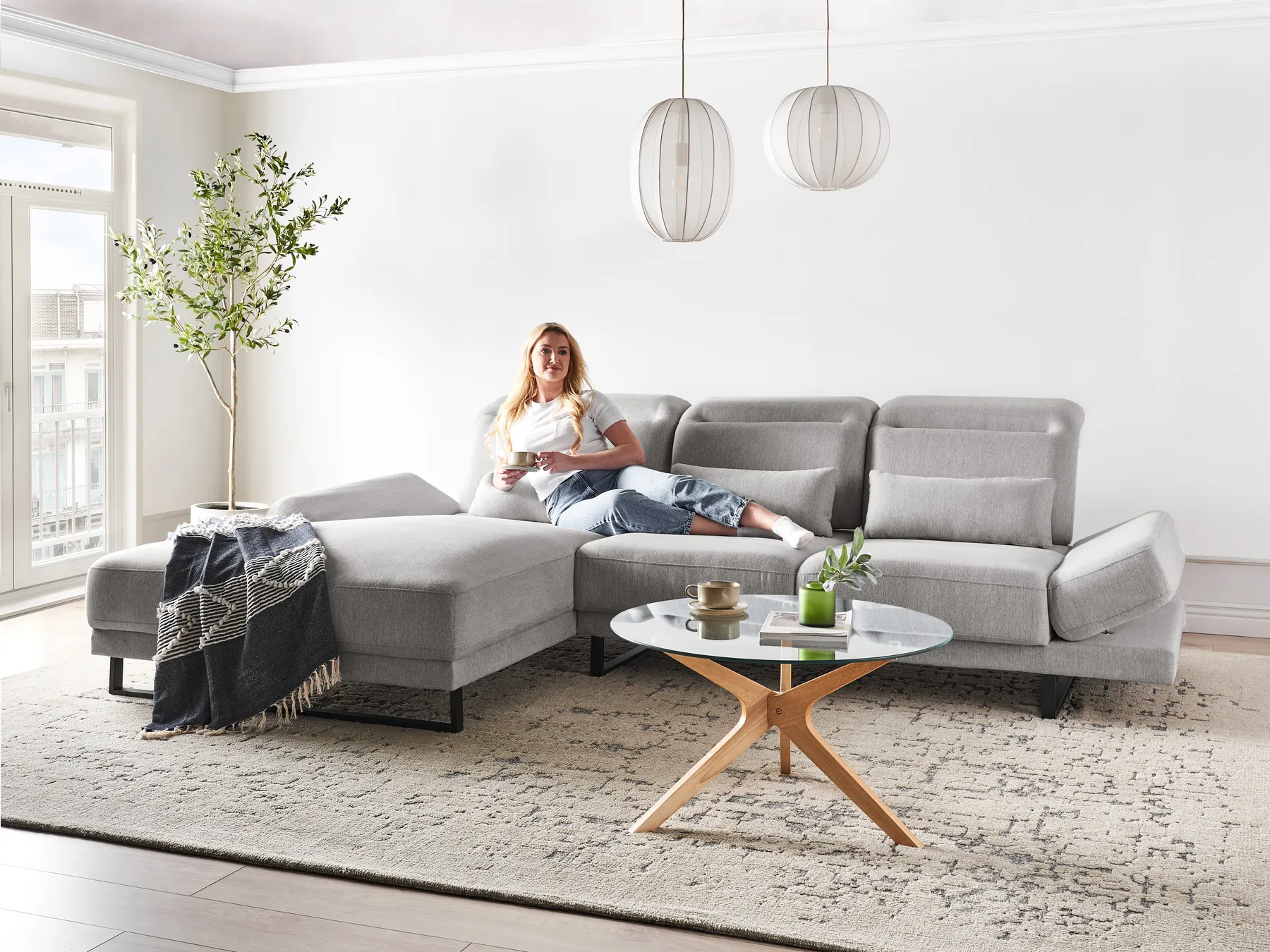 Corner Sofa 4 Seater IKAST Fabric Light Grey Right Hand_960045