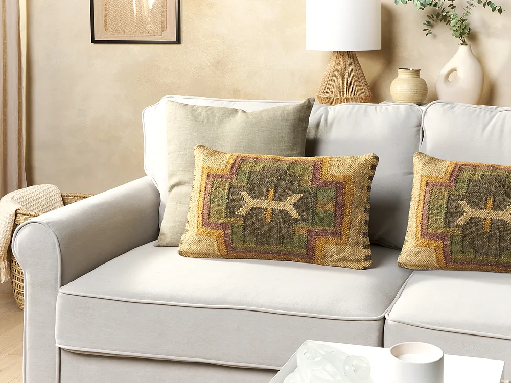 Throw Cushion PULICAT 30 x 50 cm Jute Green Oriental Pattern