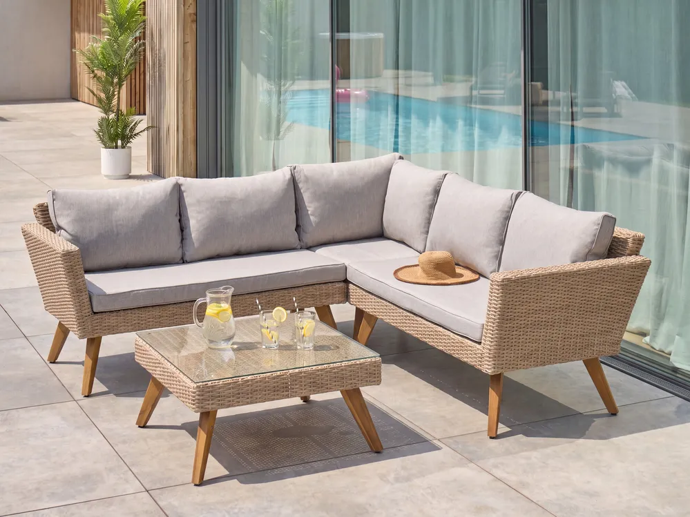 Garden Corner Sofa with Table 6 Seater VITTORIA PE Rattan Grey_1124444