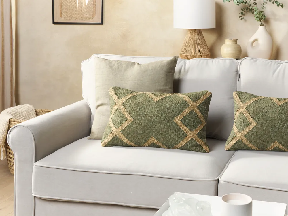 Set of 2 Decorative Cushions GOPI 30 x 50 cm Jute Green Geometric Pattern