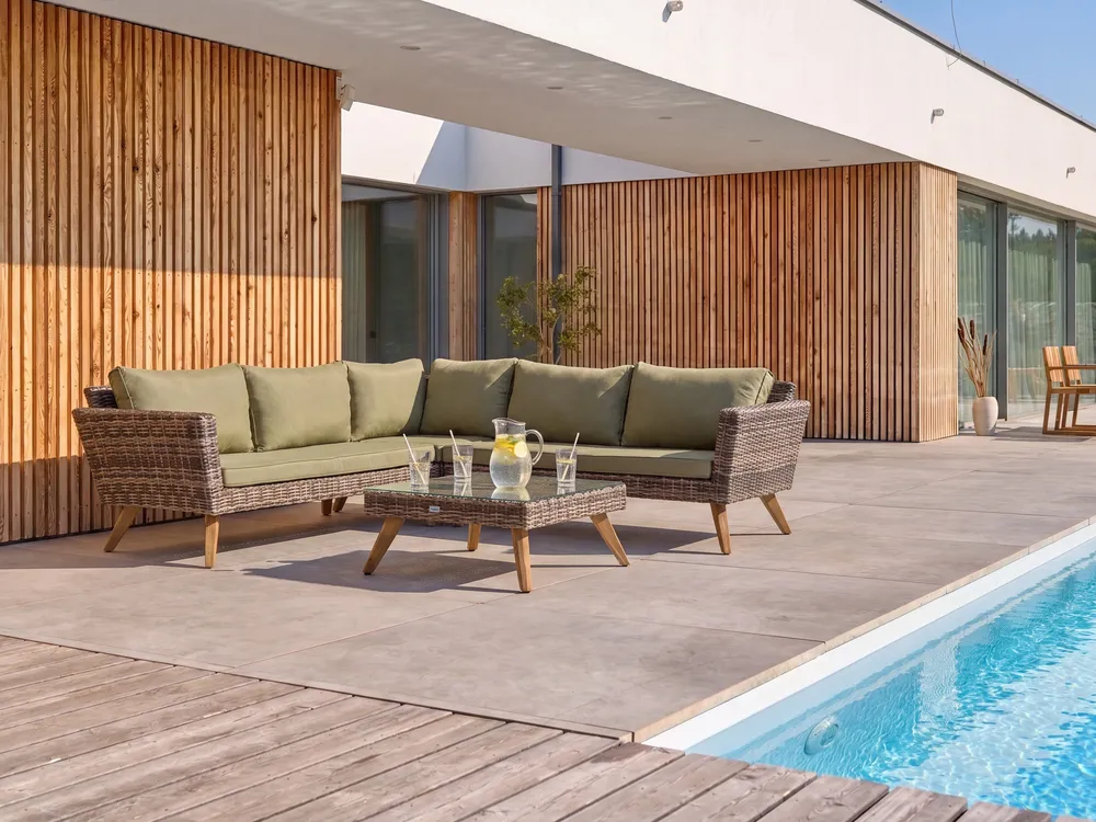 Garden Corner Sofa with Table 6 Seater VITTORIA PE Rattan Olive Green_1124442