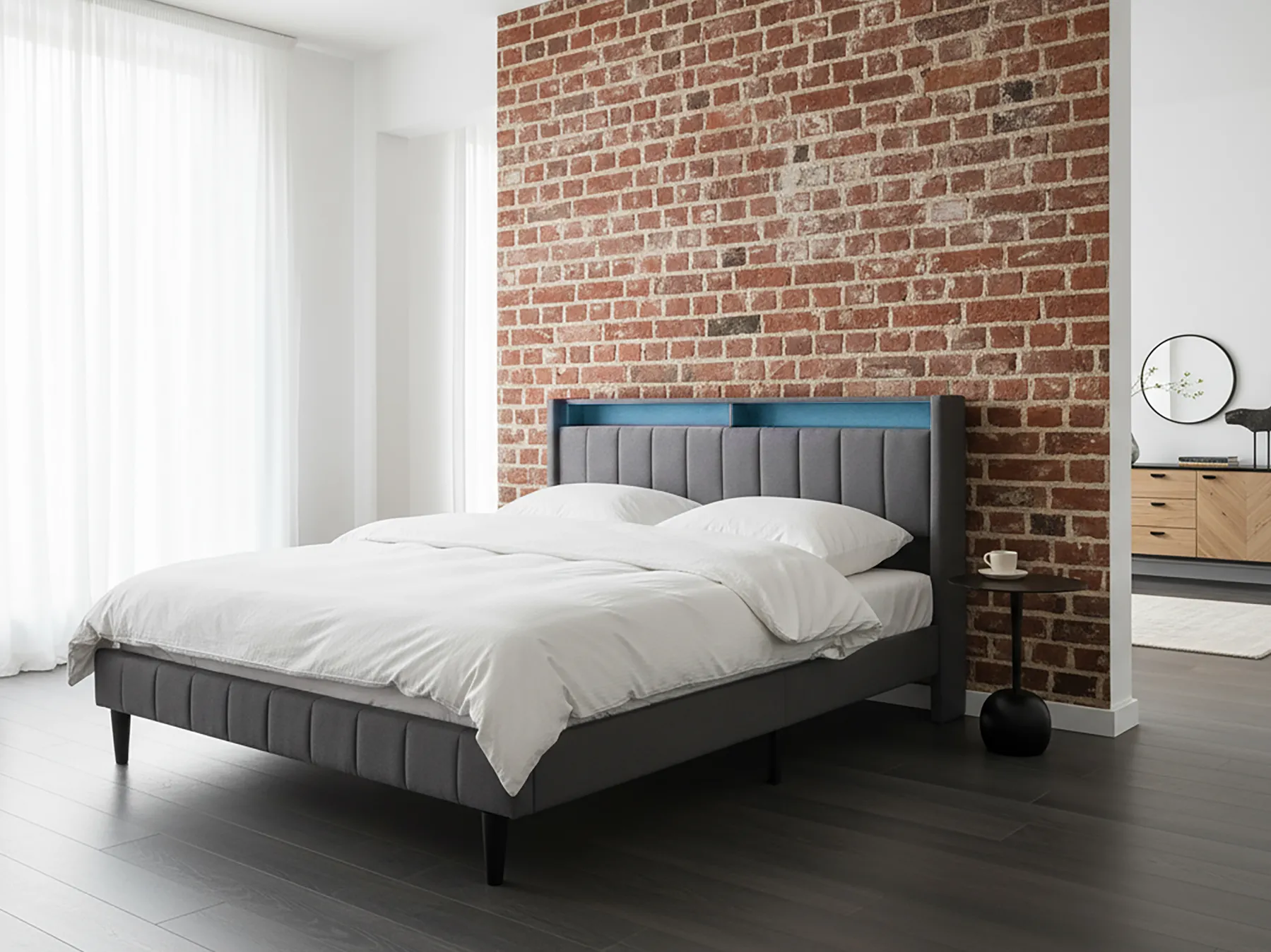 Säng med LED-belysning BEAULIEU Mörkgrå 160 x 200 cm med förvaring med USB-port_993588