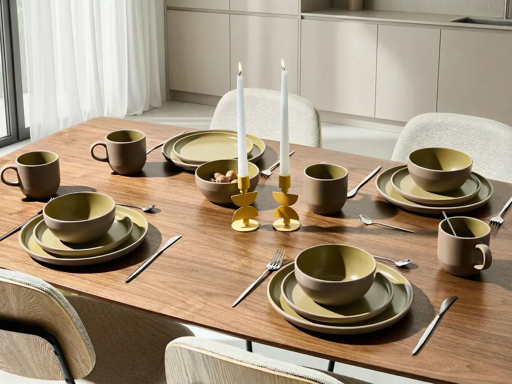 Set of 16 Dinnerware NUTMEG Stoneware Beige/ Green