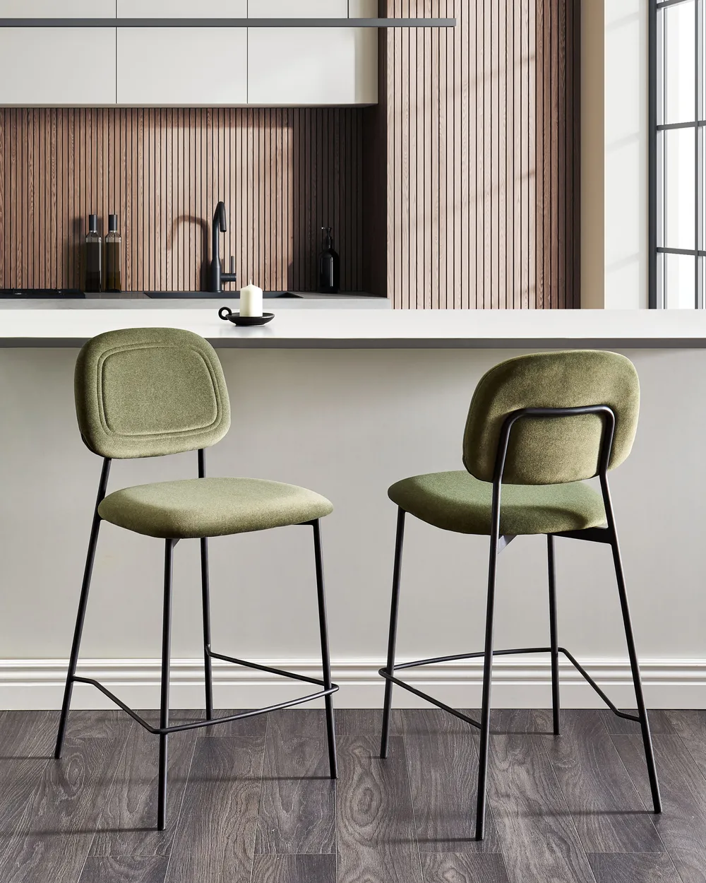 Set of 2 Bar Chairs DUETTE Velvet Olive Green