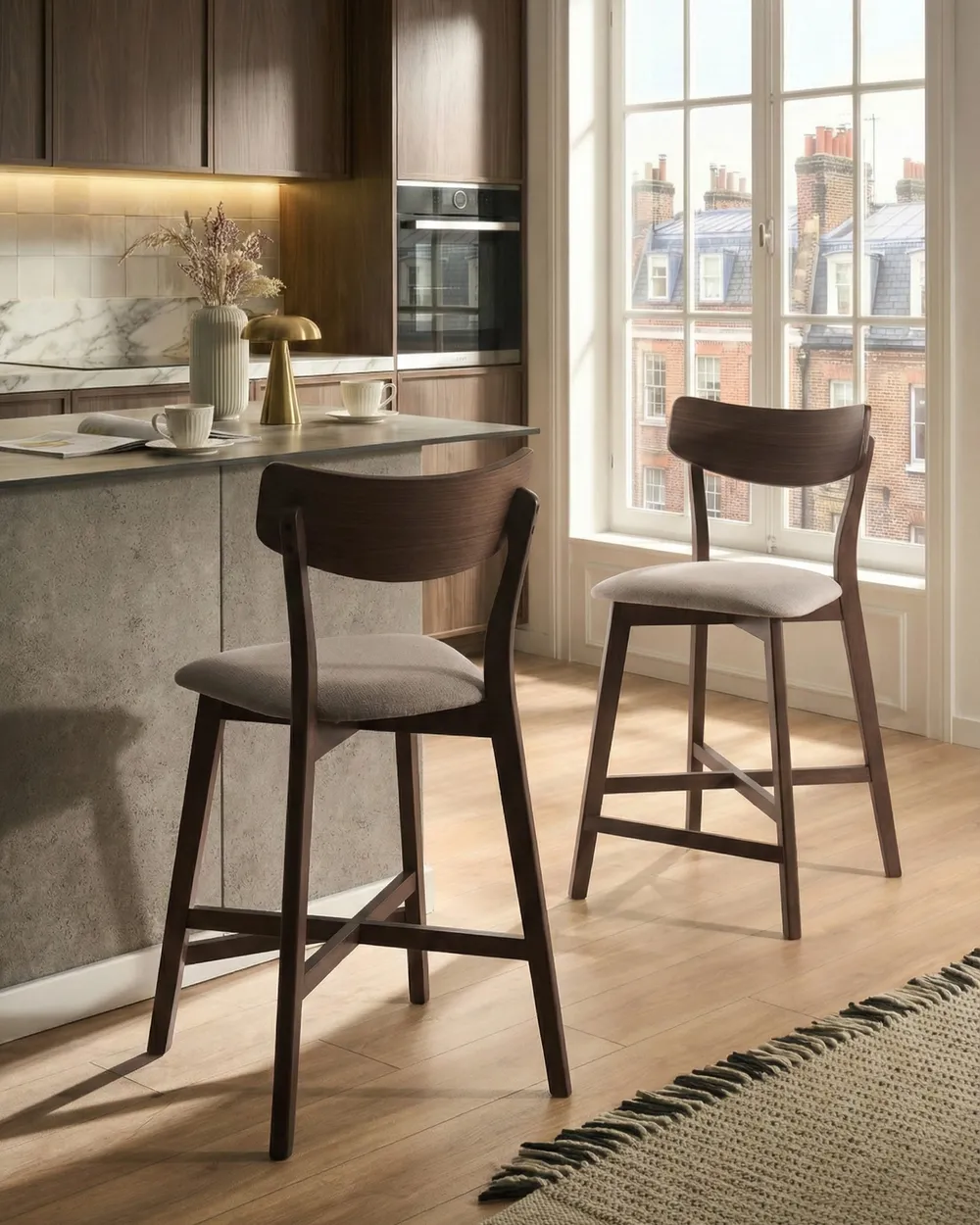 Set of 2 Bar Chairs HOLLY Wood Brown/ Beige_1074472