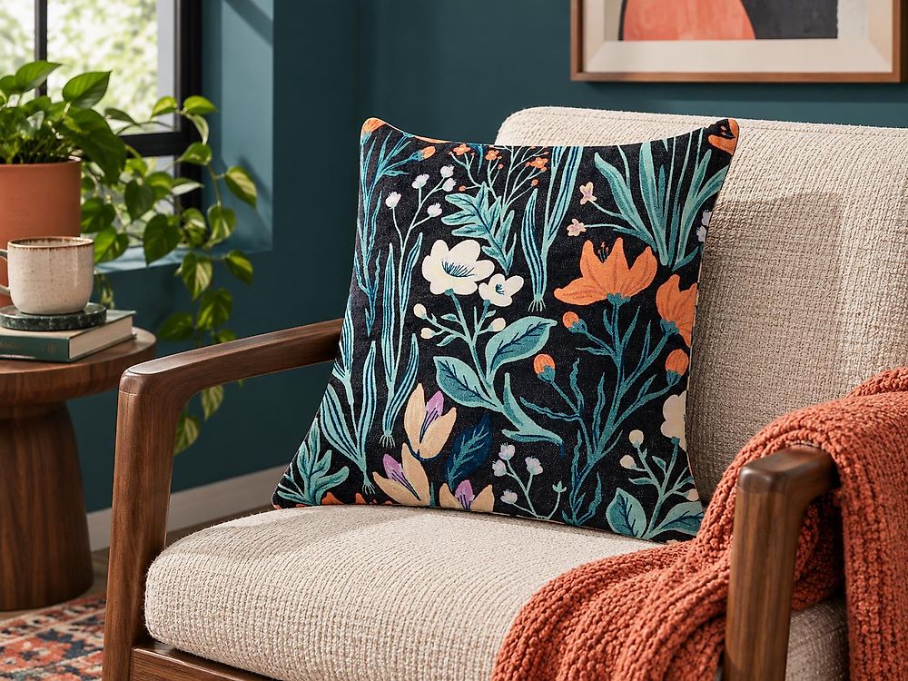 Throw Cushion OSMUNDA 45 x 45 cm Velvet Black Floral Pattern