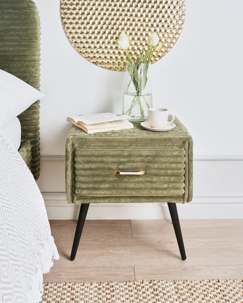 1 Drawer Bedside Table FLAYAT Corduroy Green_968013