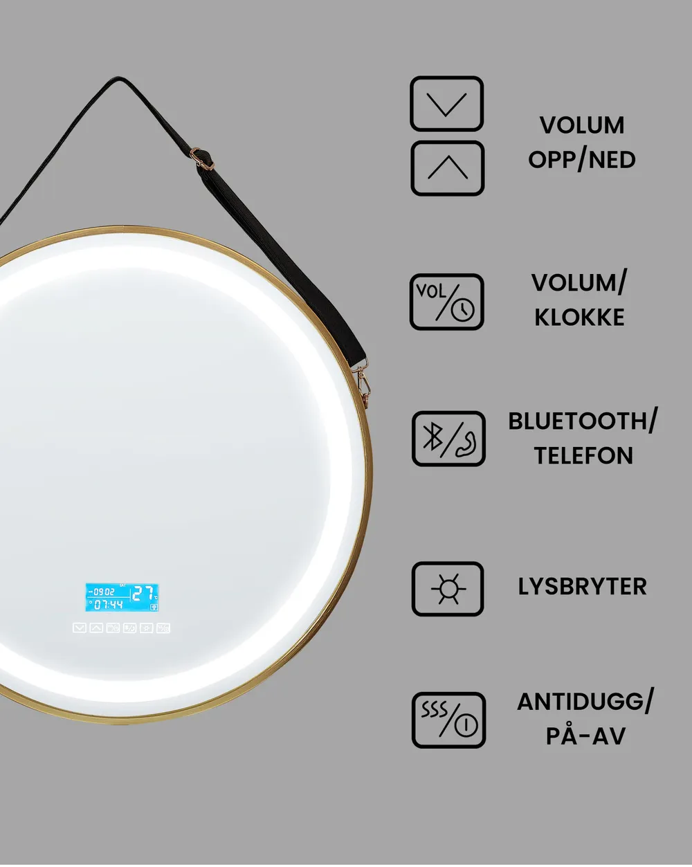 LED-baderomsspeil DAROIS 60 cm 60 cm Med innebygd Bluetooth-høyttaler Gull_940504