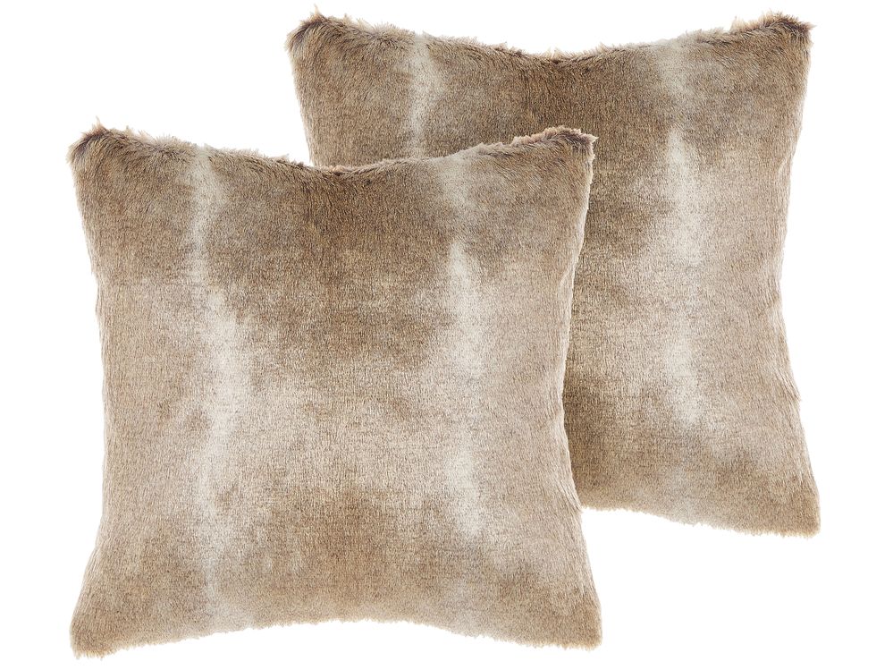 Set of 2 Decorative Cushions HORDEUM 45 x 45 cm Faux Fur Light Brown Solid