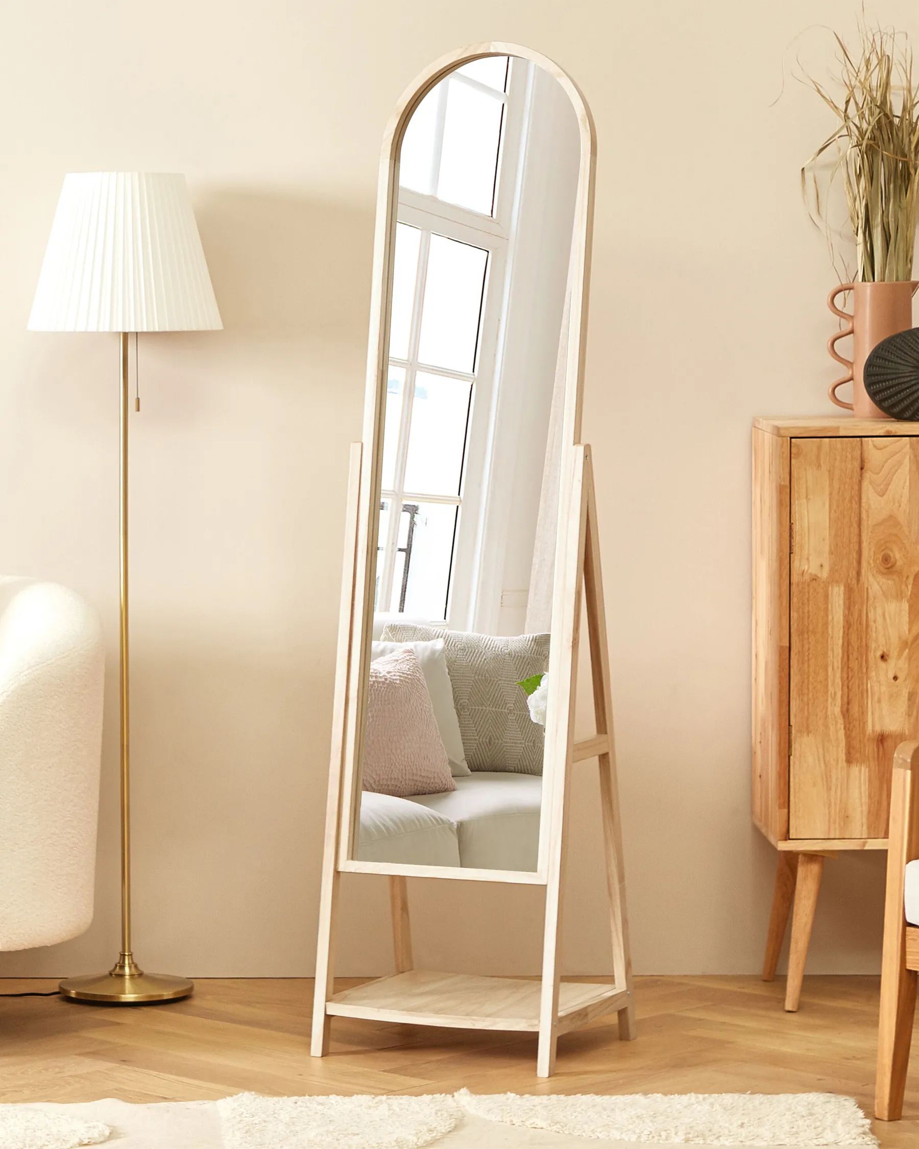 Standing Mirror with Shelf CHAMBERY 170 cm Paulownia Wood Light Brown_830390
