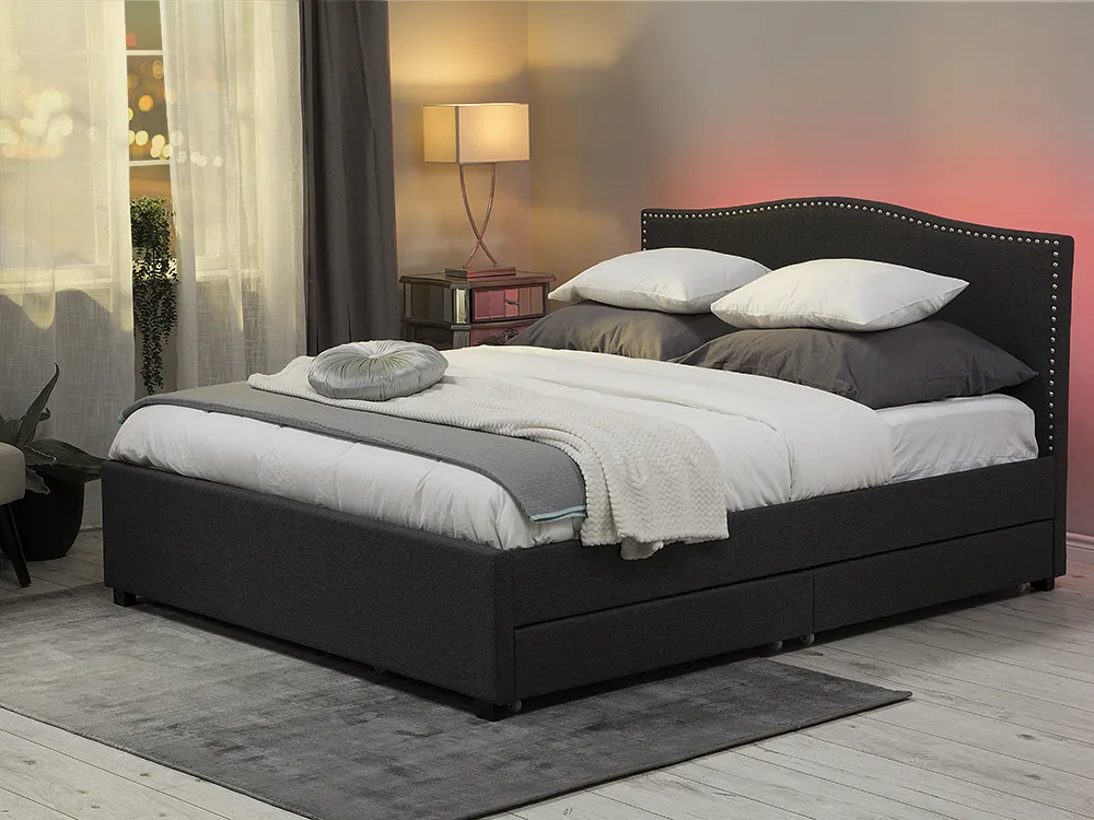 Bed with Storage Drawers MONTPELLIER Fabric Grey 160 x 200 cm (EU King Size) LED