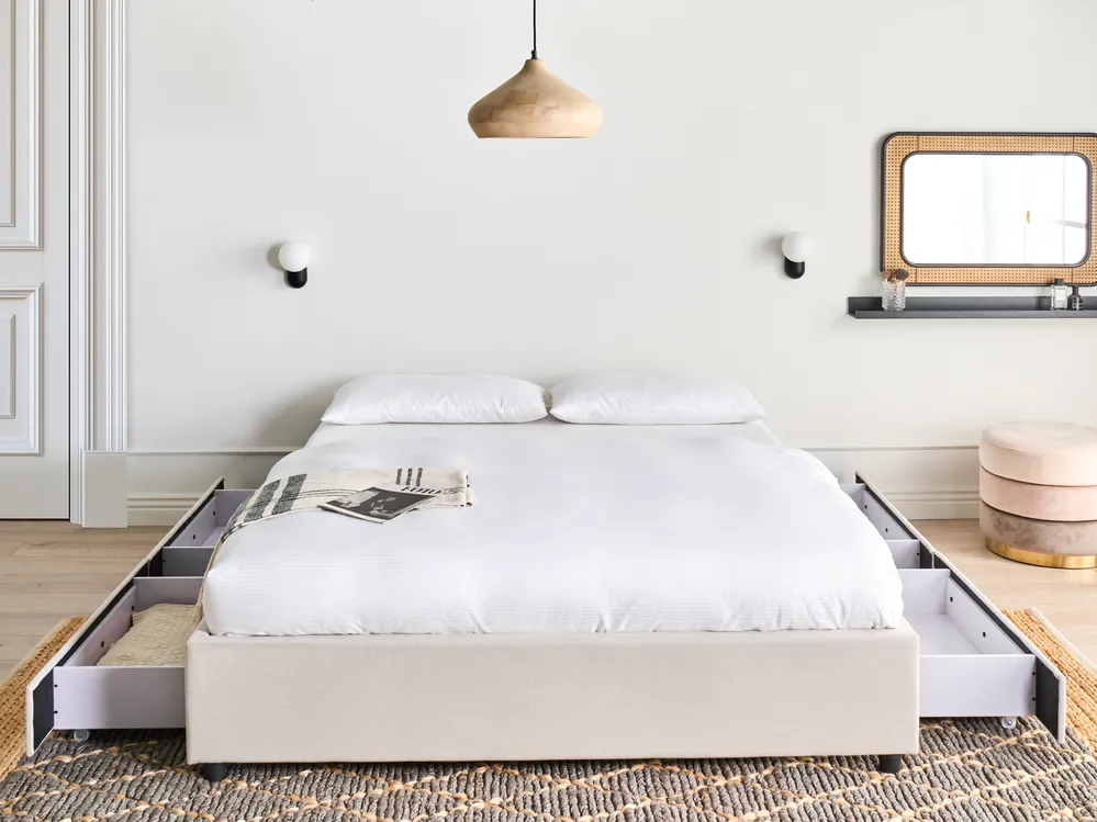 Bed with Storage Drawers without Headboard PRADES Fabric Light Beige 140 x 200 cm (EU Double)