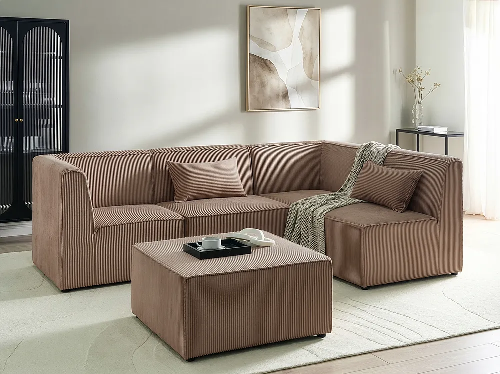 Modular Corner Sofa 4 Seater LEMVIG with Ottoman Corduroy Dark Beige Left Hand_1154498