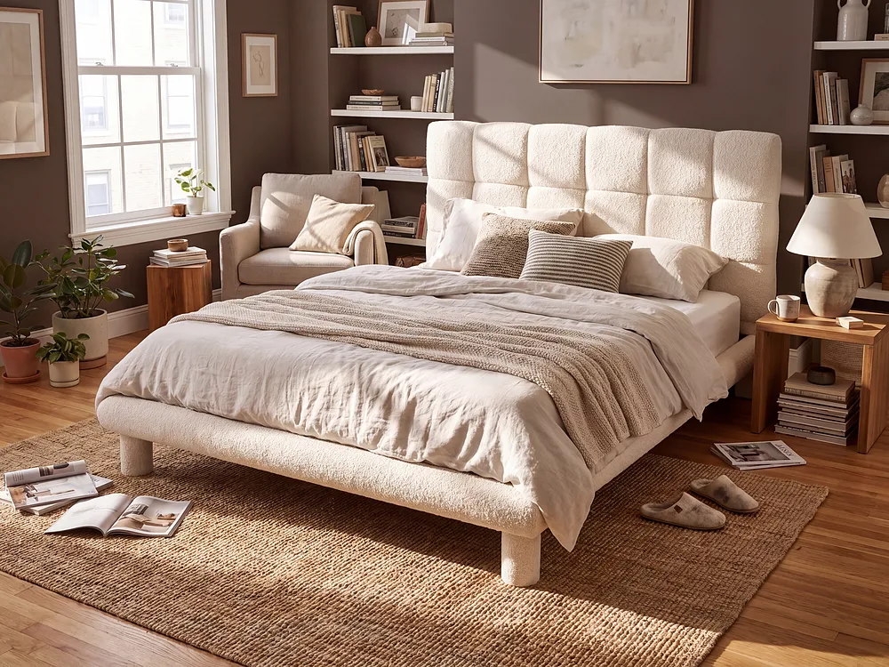 Säng med lamellram Bouclé CRESSAT 140 x 200 cm Off-White_1150970