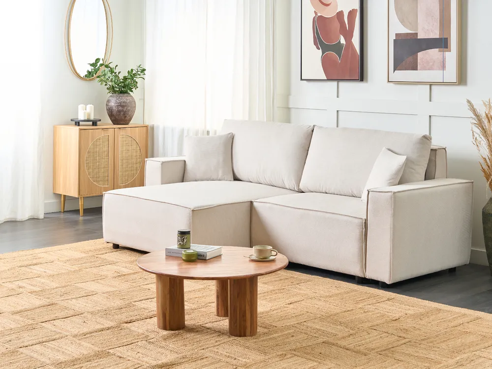 Sofa Bed 3 Seater KARILA with Storage Fabric Light Beige Right Hand