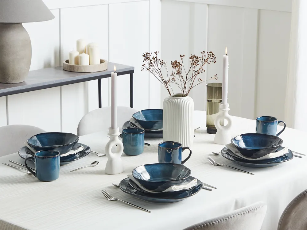 Set of 16 Dinnerware HAWTHORN Stoneware Blue_957374