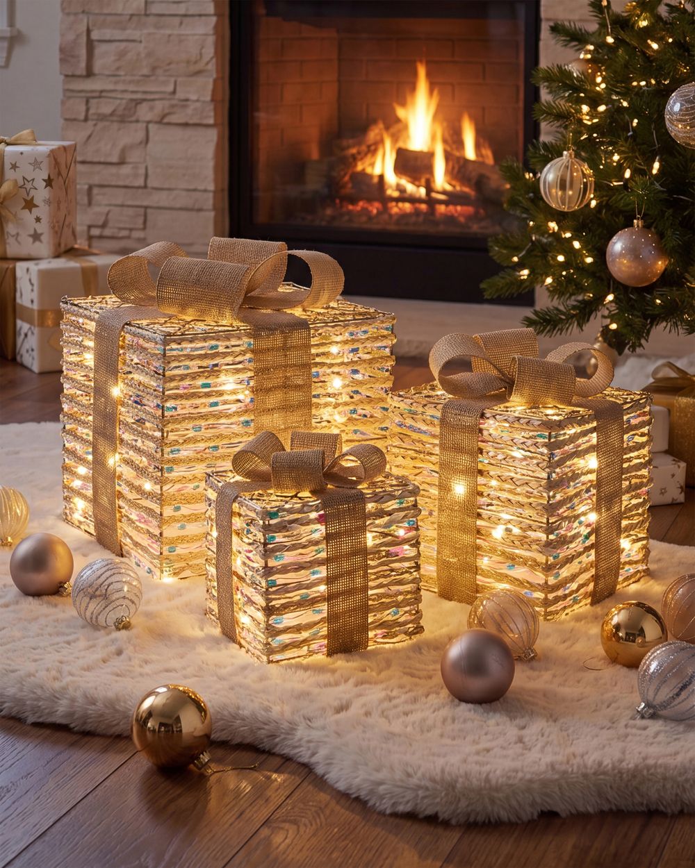 Set of 3 Christmas Decorations LED MOSSO 20/25/30 cm Christmas Gifts Beige