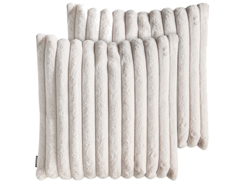 Sett med 2 pynteputer RAKYA 45 x 45 cm Fuskepels Lys beige Stripete mønster