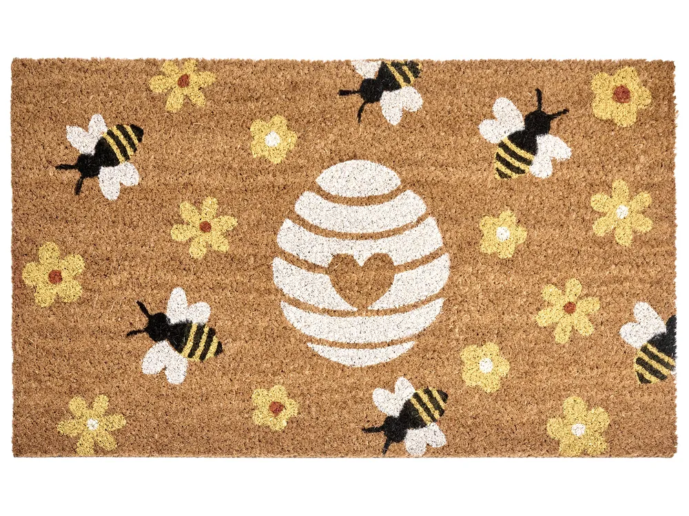 Coir Doormat Bees Flowers Motif Natural KIGALIK Various Sizes
